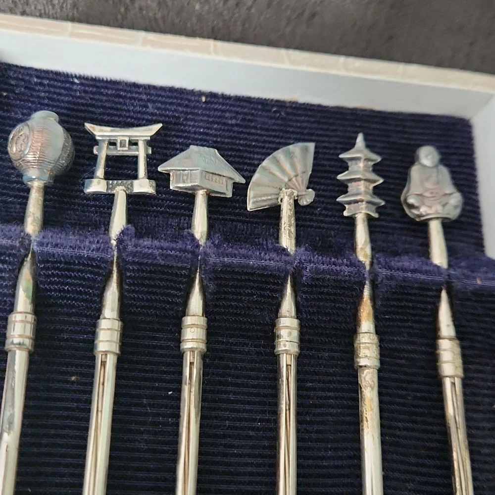 Silver Cocktail Stirrer Set with Japanese Motifs Sterling Silver Set of 6 decora